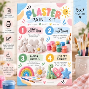 Pode incluir: Um modelo 5x7 para um kit de pintura em gesso com instruções numeradas, gráficos coloridos de unicórnio, coração, estrela, flor, dinossauro e arco-íris, junto com potes de tinta, pincéis e o texto Plaster Paint Kit.