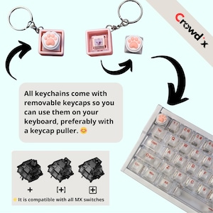 K&ouml;nnte beinhalten: Rosa Pfotenabdruck-Schl&uuml;sselanh&auml;nger mit abnehmbaren Tastenkappen, kompatibel mit MX-Switches. Das Bild zeigt eine Tastatur mit einer Pfotenabdruck-Tastenkappe und dem Text "Alle Schl&uuml;sselanh&auml;nger werden mit abnehmbaren Tastenkappen geliefert."