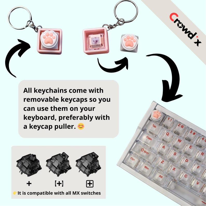 K&ouml;nnte beinhalten: Rosa Pfotenabdruck-Schl&uuml;sselanh&auml;nger mit abnehmbaren Tastenkappen, kompatibel mit MX-Switches. Das Bild zeigt eine Tastatur mit einer Pfotenabdruck-Tastenkappe und dem Text "Alle Schl&uuml;sselanh&auml;nger werden mit abnehmbaren Tastenkappen geliefert."