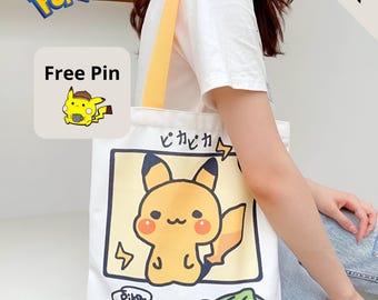 Borsa tote in tela Pokémon con spilla in metallo – Borsa a tracolla Pikachu carina – Regalo Pokémon personalizzabile per i fan