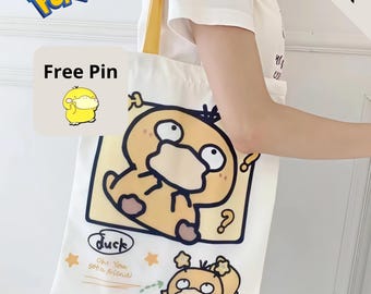 Borsa tote in tela Pokémon con spilla in metallo – Simpatica borsa a tracolla Psyduck – Regalo Pokémon personalizzabile per i fan