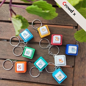 K&ouml;nnte beinhalten: Eine Sammlung farbenfroher Schl&uuml;sselanh&auml;nger mit quadratischen Tastenkappen mit Cartoon-Charakter-Designs. Jeder Schl&uuml;sselanh&auml;nger hat einen silbernen Ring und einen andersfarbigen Rahmen, darunter Blau, Gelb, Rot und Gr&uuml;n. Der Text "Crowd x" ist sichtbar.
