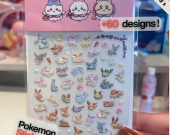 Adesivi per unghie Pokémon Eeveelutions – Oltre 60 adesivi olografici 3D kawaii per unghie, custodie per cellulari, fotocamere e manicure fai da te.