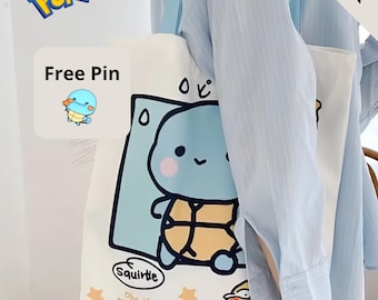 Borsa tote in tela Pokémon con spilla in metallo – Simpatica borsa a tracolla Squirtle – Regalo Pokémon personalizzabile per i fan