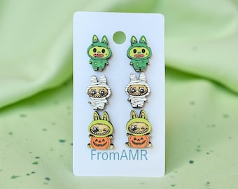 Halloween Labubu Wood Earrings | Zombie, Mummy, Pumpkin