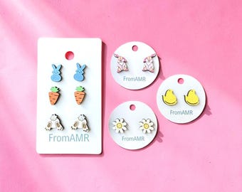 Easter Stud Earrings Set | Bunny, Carrot, Peep, Daisy Wooden Jewelry