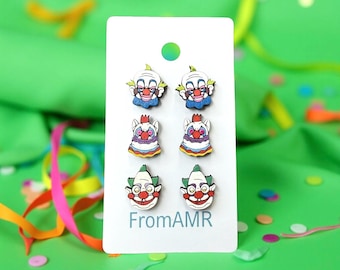Retro Horror Circus Style | Handcrafted Wooden Clown Head Earrings | 1, 2, or 3 Pair Set