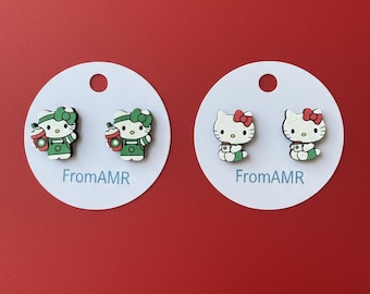 Hello Kitty Inspired Wooden Stud Earrings | Coffee Lover Gift | Drinkware Stud | Starbucks Themed