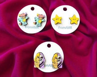 80's Retro Cartoon Earring Sets | Nostalgic Pop Culture Jewelry | 1, 2, or 3 Pair Set