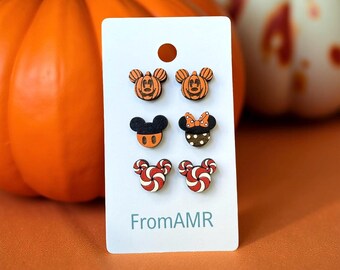 Hand-Painted Wooden Mickey Mouse Earrings | Holiday Pumpkin, Thanksgiving, & Peppermint