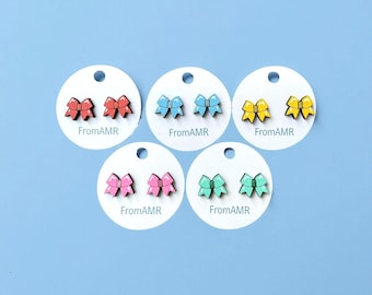 Hand-Painted Bow Stud Earrings | Colorful Wooden Earrings