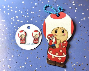 Super Mario Galaxy Toad Earrings & Keychain | Wooden Gamer Accessories