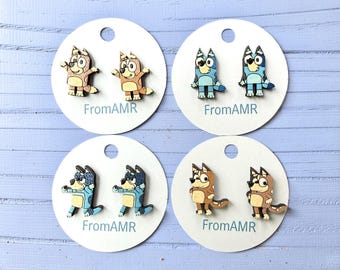 Bluey Family Wooden Earrings | Cartoon Dog Studs, TV Inspired Jewelry