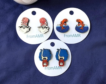 Dr. Seuss Inspired Earrings | Cat in the Hat Studs | Reading Teacher Gift | Book Lover Earrings