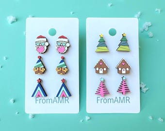 Hand-Painted Wood Christmas Stud Earrings – Holiday Mix & Match