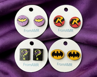 DC Inspired Character Wood Stud Earrings | Comic Style Jewelry