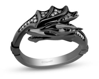 Enchanted Disney Villains Maleficent 1/8 CT. T.W. Diamond Dragon Wrap Ring in Sterling Silver with Black Rhodium, Gothic Ring, Nerdy Ring