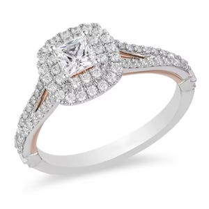 Disney Enchanted, Disney Belle Ring, Princess Cut With Round Dual Halo Simulated Diamond Ring, Two Tone Enchanted Rose Ring in 935 Silver