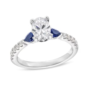 Vera Wang Love Collection 1.18 CT. T.W. Oval Cut CZ Diamond and Blue Sapphire Engagement Ring in 14K White Gold, 935 Argentium Silver Ring