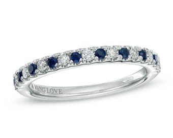 Vera Wang Love Collection 0.12 CT. T.W. Diamond and Blue Sapphire Band in 14K White Gold, Matching Band in 935 Argentium Silver, Silver Band