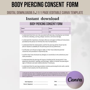 Body Piercing Consent Form, Piercing Client Intake and Consent Form,Body Piercing Client Form, Client Intake, Ear Piercing Form Template.
