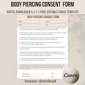 Body Piercing Consent Form, Piercing Client Intake and Consent Form,Body Piercing Client Form, Client Intake, Ear Piercing Form Template.