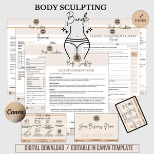 May include: A digital download body sculpting bundle in a neutral color palette. The bundle includes forms such as an invoice, client consent form, and aftercare advice. The Canva logo is visible, indicating the template is editable.