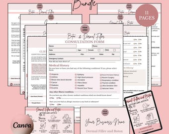 May include: A bundle of pink and white printable forms for Botox and dermal filler consultations and aftercare. Includes a consultation form, aftercare advice, and business cards. The text includes "Digital Download" and "Editable in Canva Template".