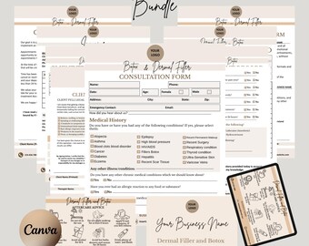 May include: A digital download bundle for Dermal Filler and Neurotoxin services. The bundle includes a consultation form, aftercare advice, and business card templates. The design is in neutral tones with editable Canva templates.
