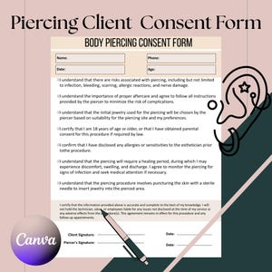 Piercing Client Consent Form, Piercing Client Intake and Consent Form,Body Piercing Client Form, Client Intake, Ear Piercing Form Template.