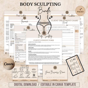 Op de afbeelding: Een digitale bundel voor body sculpting met diverse formulieren, waaronder facturen, klanttoestemming en behandelingsverslagen. Het ontwerp toont een gestileerd lichaamssilhouet en de tekst "Body Sculpting" en "Canva".