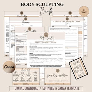 Puede incluir: Un paquete de body sculpting para descarga digital con plantillas editables en Canva. El paquete incluye una factura, un formulario de consentimiento del cliente, una tabla de tratamiento y consejos postoperatorios. El texto incluye "Body Sculpting".