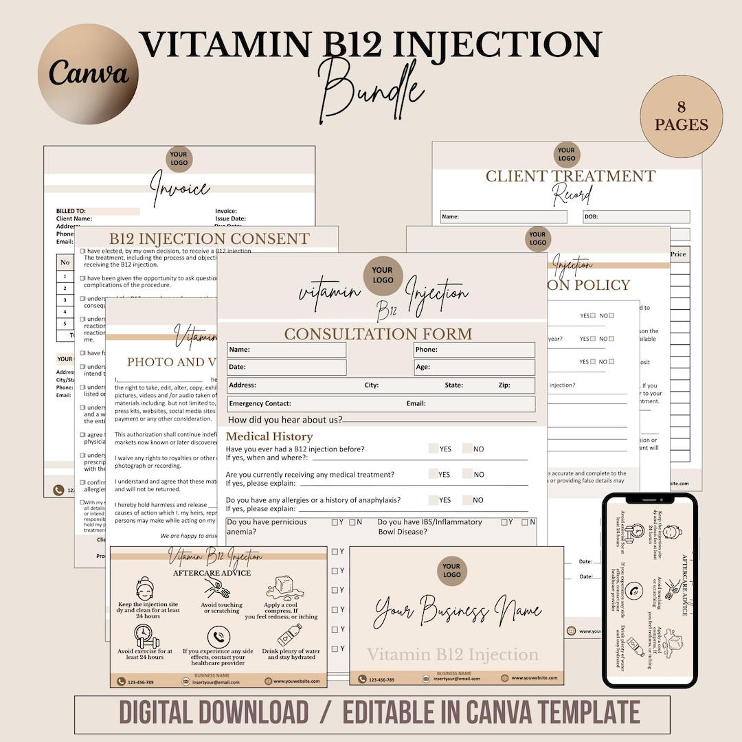 B12 Vitamin Injection Forms Bundle, Esthetician Injector Templates ...