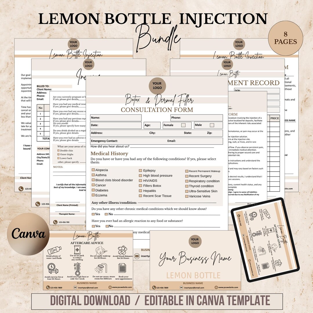 Bottling Rework Form Lemon Bottle Fat Dissolving Forms, Esthetician Client Intake (digital ...