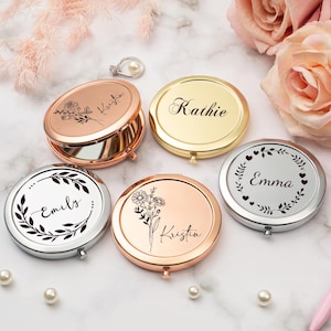 Personalized Bridesmaid Gifts for Girls, Engraved Compact Mirror, Custom Birth Flower Pocket Mirror, Bridesmaid Gifts, Bridal Party Gifts