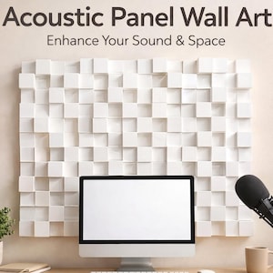 Puede incluir: Arte mural de panel acústico blanco con diseño geométrico. Un monitor de ordenador, un micrófono y una taza de café están sobre un escritorio de madera. El texto dice "Acoustic Panel Wall Art" y "Enhance Your Sound & Space."