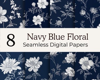 Navy Blue Floral Digital Paper, Minimal White Flower Seamless Patterns, Printable Scrapbook Backgrounds, Digital Download