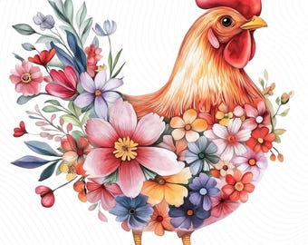 Watercolor Floral Chicken Clipart, Rooster Clipart, Printable Watercolor, Paper Craft, Junk Journal, Digital Download