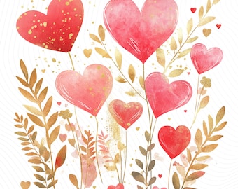 Clipart de Corações para o Dia dos Namorados, Clipart para o Dia dos Namorados, Aquarela para Imprimir, Download Digital, Artesanato em Papel, Diário de Arte