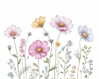Pastel Wildflower Clipart, Watercolor Floral Clipart, Printable Watercolor Clipart, Paper Craft, Junk Journal, Digital Download