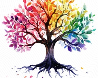 Rainbow Tree of Life Clipart, Colorful Oak Tree, Printable Watercolor Clipart, Paper Craft, Digital Download