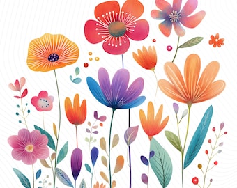 May include: Watercolor illustration of colorful flowers in shades of orange, red, pink, purple, and blue. The flowers have detailed petals and are set against a white background with subtle wavy lines. The image evokes a sense of spring and nature.