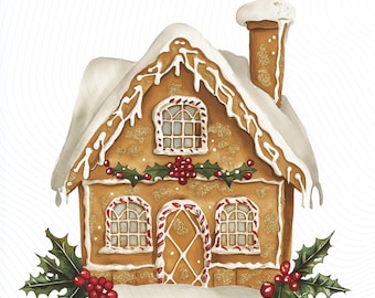 Gingerbread House Clipart, Christmas Card Art, Printable Watercolor Clipart, Paper Craft, Junk Journal, Digital Download