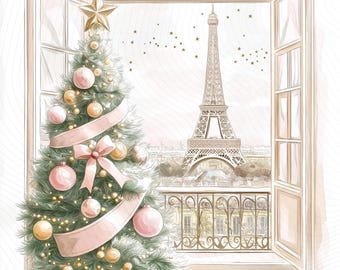 Christmas in Paris Clipart, Paris Travel Art, Printable Watercolor Clipart, Junk Journal, Paper Craft, Digital Download