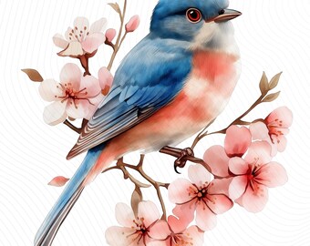 Bird on Cherry Blossom Branch Clipart, Birds Clipart, Floral Bird Clipart, Paper Craft, Junk Journal, Digital Download