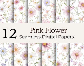 May include: Twelve seamless digital papers featuring watercolor illustrations of pink flowers and greenery on a white background. The papers showcase various floral arrangements with different shades of pink, white, and purple.