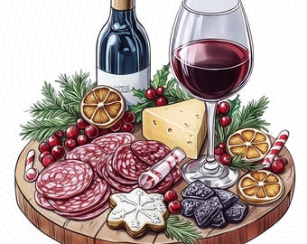 Clipart de planche de charcuterie de Noël, vin et fromage de Noël, art de la carte de Noël, clipart aquarelle imprimable, téléchargement numérique