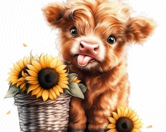 Highland Cow zonnebloemen clipart, schattige baby Highland Cow, schattige boerderijdieren, lentebloemen, digitale download, junk Journal