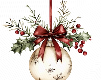 Xmas Red Ornament Clipart, Christmas Bauble Decor, Printable Watercolor Clipart, Junk Journal, Paper Craft, Digital Download