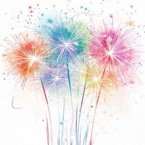May include: Colorful watercolor illustration of fireworks bursting in the sky. The fireworks are depicted in shades of red, blue, green, purple, and yellow, with star-shaped accents. The background is white with subtle lines.